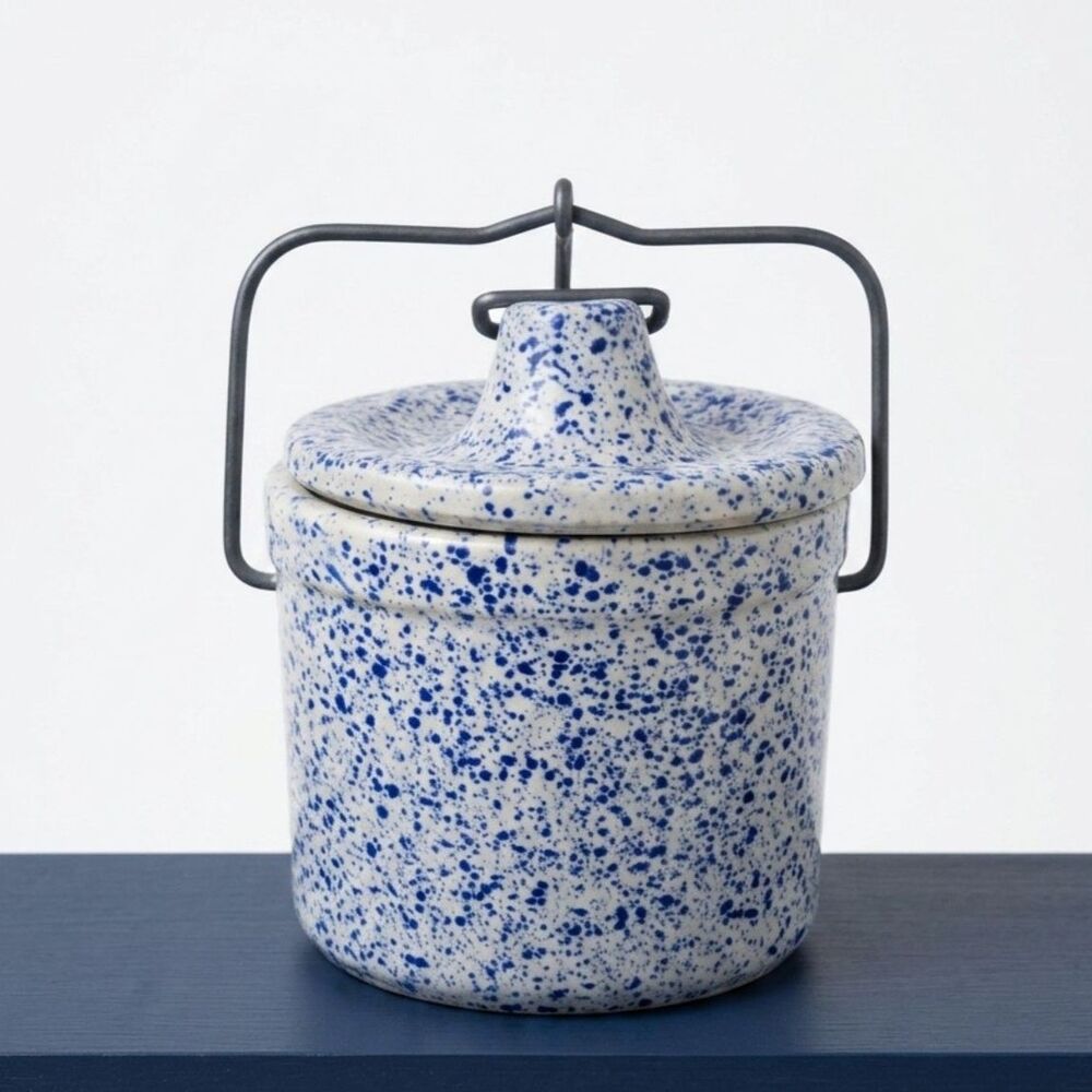 Farmhouse Speckled Blue & White Ceramic Canister w/ Lid Metal Handle